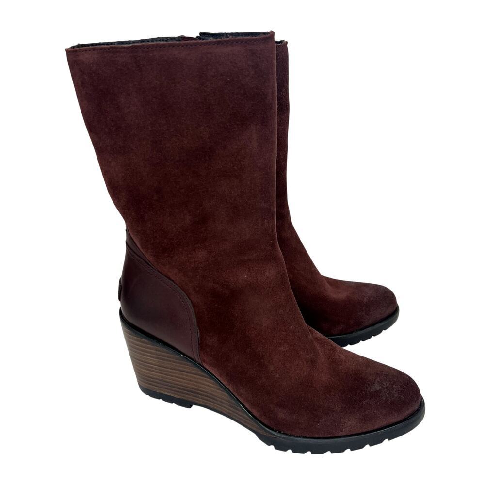 Sorel After Hours Wedge Heel Suede Leather Boots Redwood Burgundy 10